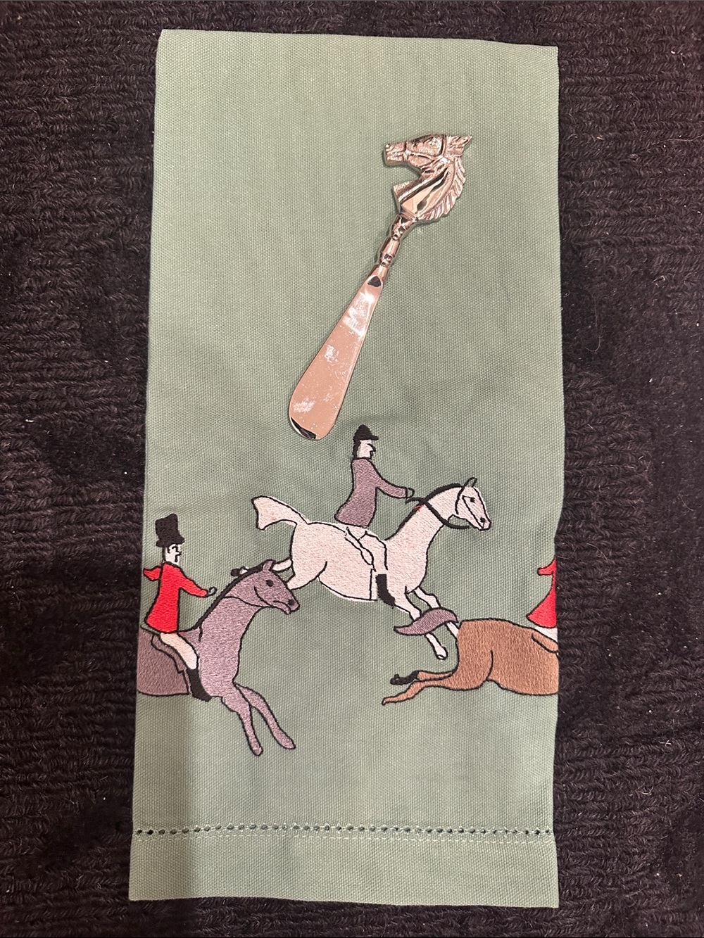 Pomegranate Brand Equestrian Tea Towel with Equine Silver Spreader. New